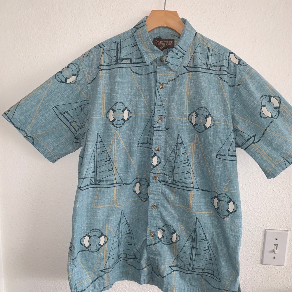 Cooke Street Mens Blue Sailboat Nautical Hawaiian Shirt Short Sleeve Size M